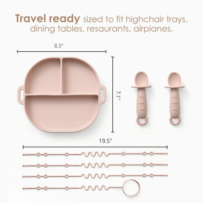 Andy Bear Silicone Plates for Babies with Suction Divided Baby Spoons Silicone Baby Toy Straps All-in-one Plates Silicone Placemat for Babies Toddlers Attachable Tethers & Built-in Suction Cups-Sage