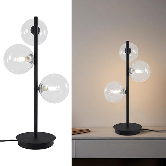 3-Light Black Table Lamp, Mid Century Nightstand Lamp with Clear Glass Globe Shade, Contemporary Bedside Lamp for Bedroom Living Room Study Room