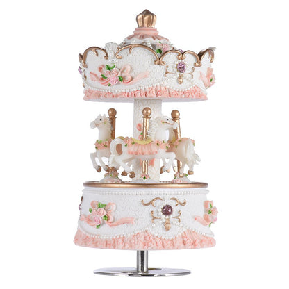 Carousel Music Boxes for Girls 3-Horse Rotating Windup Melody Castle in The Sky Color Change LED Lights Musical Gift for Daughter Birthday Christmas Festival Music Box Artware Pink