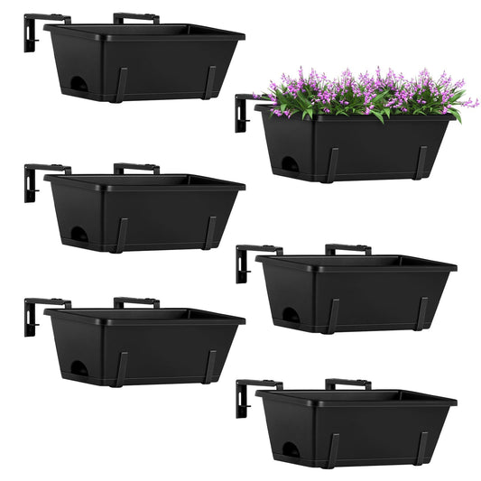 ETELI Railing Planter Hanging and Planter Box Brackets Set 6 Pack Adjustable Deck Window Boxes Planters with Drainage Holes for Garden Railing Fence, Black