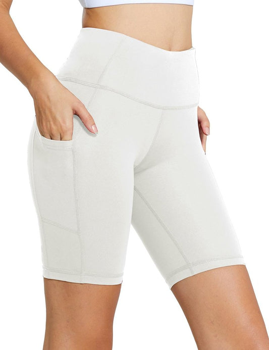 baleaf Biker Shorts Women Yoga Gym Workout Spandex Running Volleyball Tummy Control Compression with Pockets 8" White S