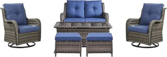 Patio Furniture Swivel Chairs Set - 6 Piece Wicker Rattan Outdoor Sectional Conversation Sets with 2 Swivel Rocking Chairs,2 Ottomans,1 Loveseat and 1 Coffee Table for Porch Deck(Mixed Grey/Blue)