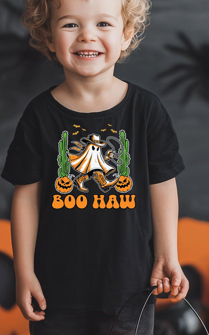 Kids Toddler Little Boys Halloween T-Shirt Western Cowboy Boo Haw Ghost Short Sleeve Top(Black Boo Haw,2-3T)