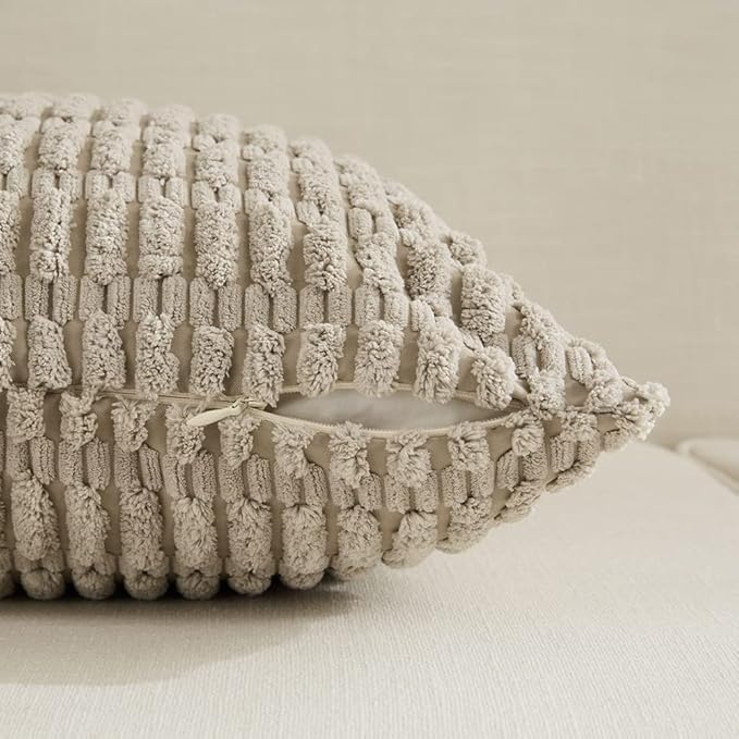 Fancy Homi Taupe Lumbar Decorative Throw Pillow Covers 12x24 Inch for Living Room Couch Bed Sofa, Rustic Farmhouse Boho Home Decor, Soft Striped Corduroy Rectangle Cushion Case 30x60 cm