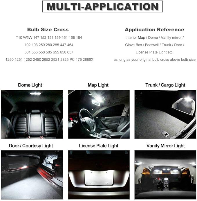 T10 Xenon White Car Interior Exterior Replacement Bulb Map Dome Door Trunk Cargo Tag Number Plate LED Light 168 175 194 2825 W5W Size (Pack of 10)