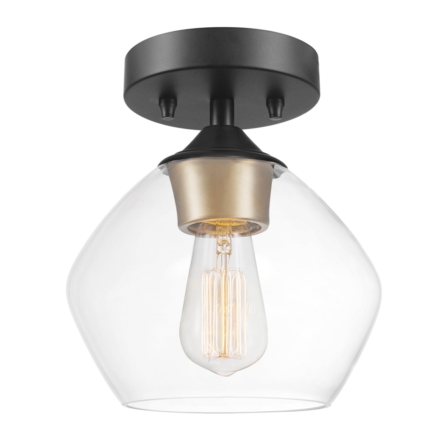 GLOBE Electric Harrow 1-Light Semi-Flush Mount Ceiling Light with a Matte Black Finish, Gold Accent Socket and Clear Glass Shade, Dimmable Option