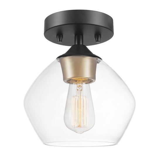GLOBE Electric Harrow 1-Light Semi-Flush Mount Ceiling Light with a Matte Black Finish, Gold Accent Socket and Clear Glass Shade, Dimmable Option