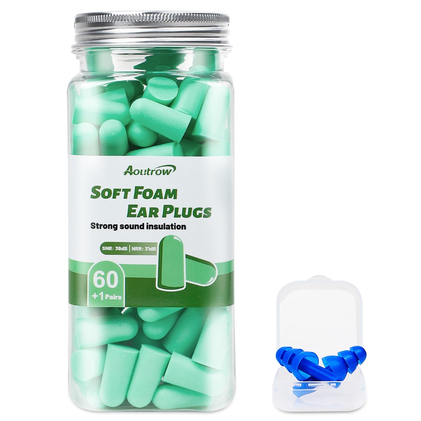 Aoutrow 60 Pairs Soft Foam Ear Plugs, 38dB SNR Slow Rebound Ear Plugs for Sleeping Noise Cancelling, Noise Reduction, Work, Swimming, Shooting, Studying, Green