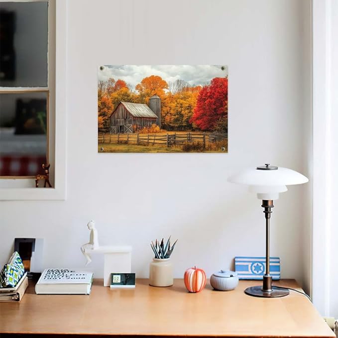 Yesad Yellow Barn Fall Canvas Wall Art, Autumn Fall Room Décor Country Landscape Prints Painting Posters Artwork Farmhouse Decor, Rustic Wall Décor for Living Room Bedroom (Unframed,36”x24”,Barn)