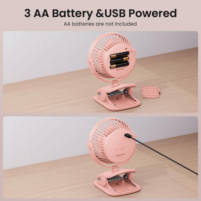 AA Battery Operated Clip-On Fan with Aroma, 4 Speeds, 5-inch Small Personal Fans for Baby Stroller, USB Powered, Quiet, 360° Rotation for Desk/Dorm/Camp/Golf Cart, Portable Home/Office/Bed Use
