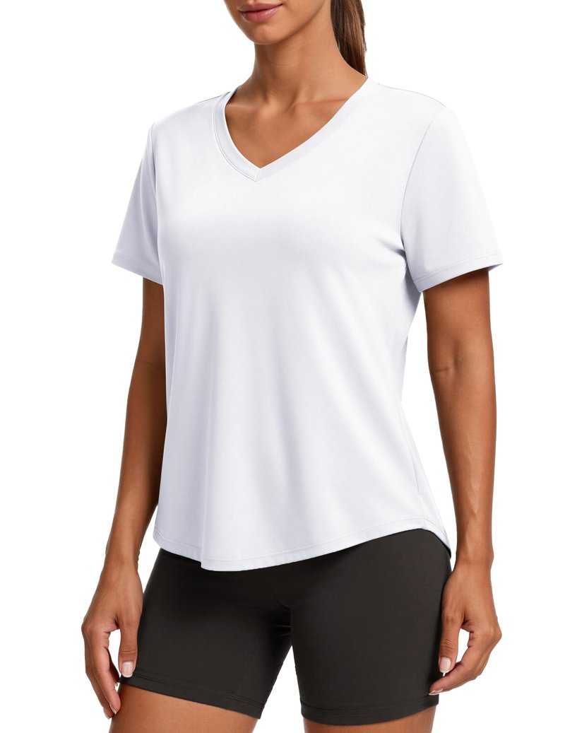 PINSPARK Womens Workout Tops V Neck Short Sleeve Gym Shirts Moisture Wicking Quick Dry Breathable Soft Athletic Running Tees,White Small