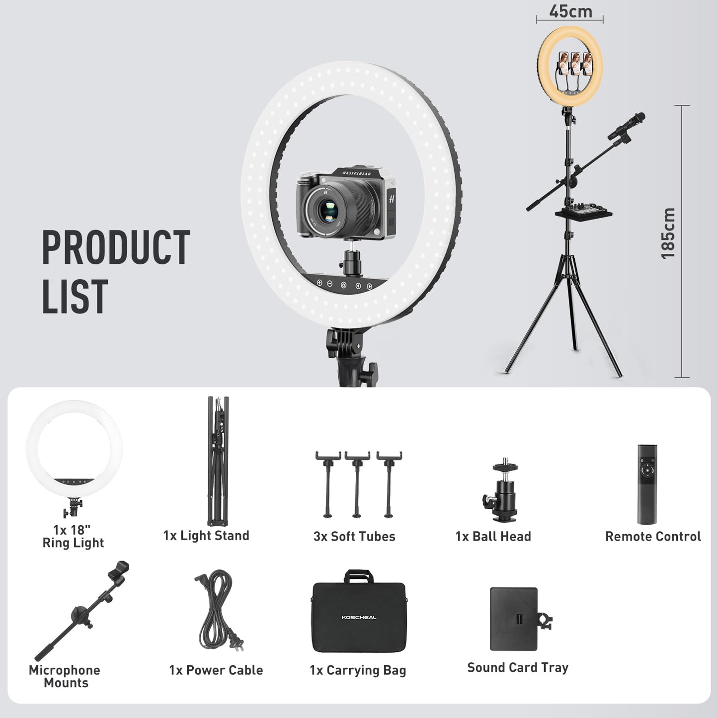 Upgraded 18 inch Ring Light with Tripod Stand & Phone Holder,KOSCHEAL Ringlights with Remote,3000-6500K Dimmable White,Extendable 86'' Tall Circle Light for Phone Camera Makeup Streaming Zoom Meeting