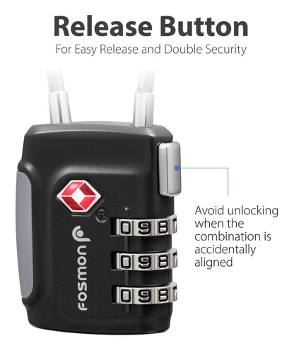 Fosmon TSA Approved Cable Locks for Luggage, Suitcase, Gun Case Lock with Push Release Button, 3 Digit Long Shackle Combination Wire Lock for Backpack