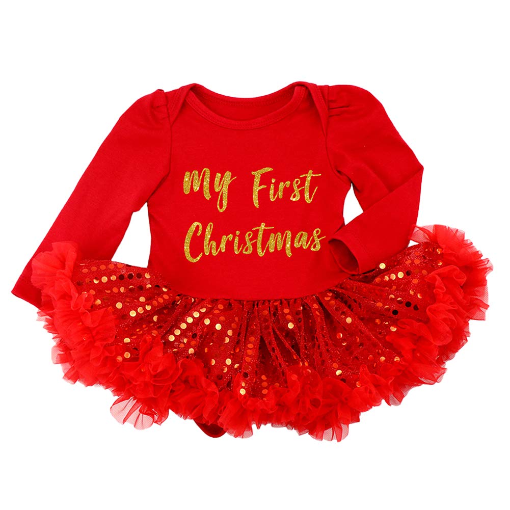ODASDO Baby Girls My First Christmas Outfit Newborn Infant 1st Xmas Party Clothes Set Cotton Long Sleeve Princess Tutu Romper Dress + Bowknot Headband + Shoes 3pcs Clothes Set Photo Props Red 6-12M
