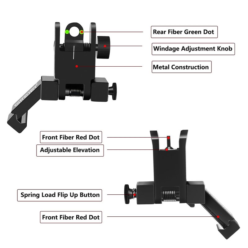 SHTALHST Iron Sights,45 Degree Offset Flip Up Sights,Flip Up Front and Rear Sights,Canted Iron Sights with Fiber Optic Red and Green Dots for Picatinny Rail,Flip Up Iron Sight
