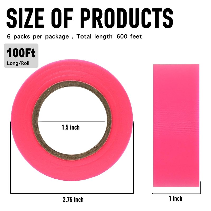 GEYYANG Fluorescent Pink Flagging Tape 6 Pack, Non-Adhesive Plastic Ribbon Tree Marking Tape, for Survey Boundaries, Hunting, Trail Marking and Hazardous Areas, 1" x 100ft,3.35 Mil