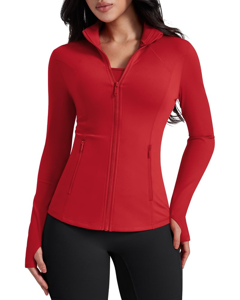 AVGO Womens Workout Jackets Lightweight Athletic Zip Up Jacket Slim Fit Running Gym Top with Pockets & Thumb Holes(Red, XS)