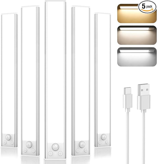 5-Pack 14'' Under Cabinet Lighting, 3200mAh Rechargeable Battery Operated Motion Sensor Lights Indoor with 108 LED&3 Color, Dimmable Wireless Magnetic Under Counter Closet Lights for Kitchen Stair