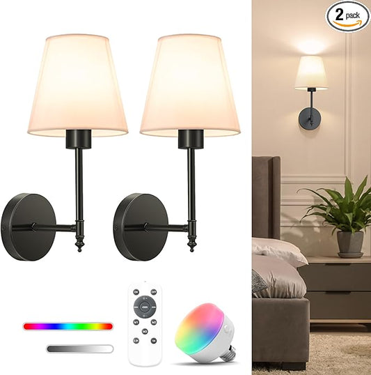 NIORSUN 14.5 inch Battery Operated Wall Sconce Set of 2,Black Rechargeable Wall Lights with 5200mAh Dimmable Detachable Bulbs and Remote,9 Colors Wireless Sconces for Bedroom Living Room Hallway Decor