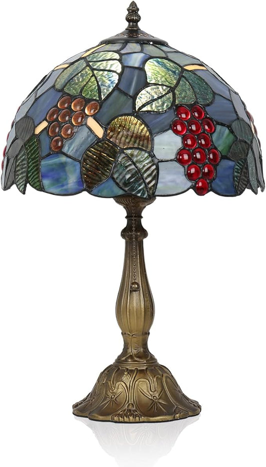 Tiffany Table Lamp Stained Glass Bedside Table Lamp Desk Reading Light 12 Inches Bedroom Living Room Home Office Decor Lamp(Grape)