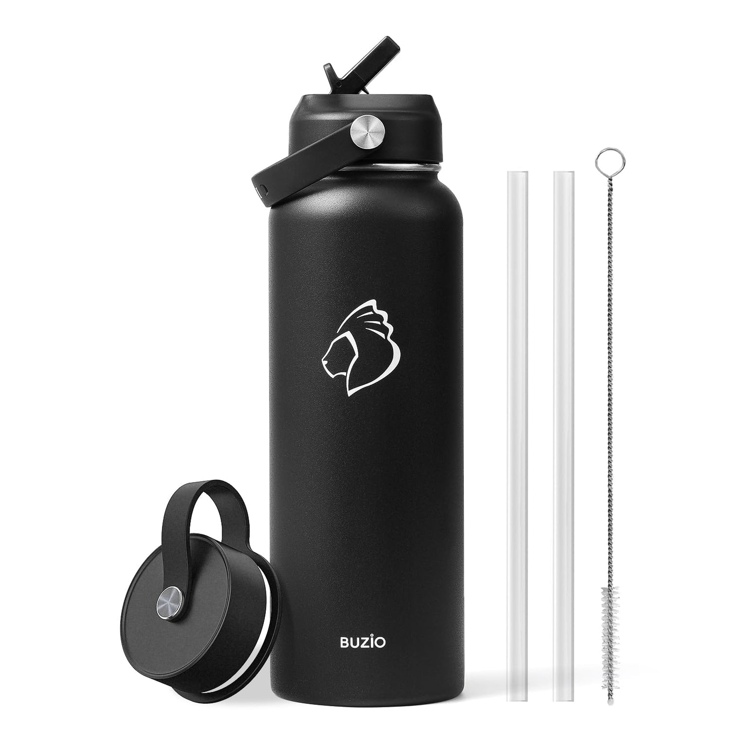 BUZIO 1180ml Insulated Water Bottle with Straw Lid and Flex Cap, 40oz Stainless Steel Drinking Bottle (Keep Cold 48 Hrs/Hot 24 Hrs) Metal Flask Leakproof Wide Mouth Thermo Canteen for Sports, Black