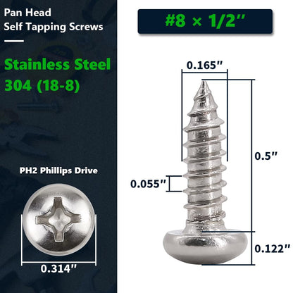 #8 x 1/2" (100 Pack) Stainless Steel Phillips Pan Head Wood Screws, Stainless Steel 304 (18-8), Pan Head Sheet Metal Screws Self Tapping for Wood