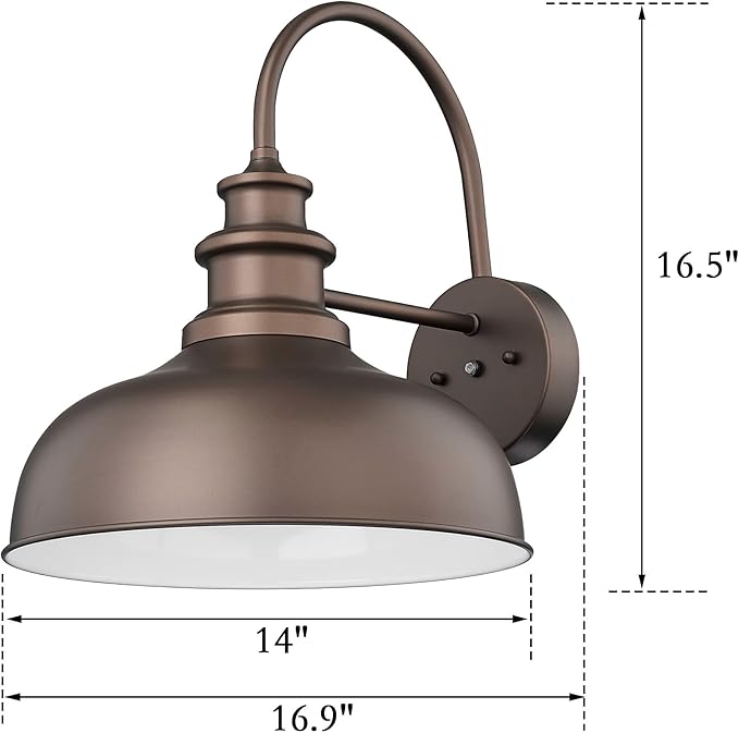 Bestshared 14 Inch Dome Dusk to Dawn Sensor Gooseneck Barn Lights Farmhouse Outdoor Wall Sconce Industrial Outdoor Wall Lights Exterior Lighting Fixture for Front Door, Entryway (ORB+White, 14"-1Pack)