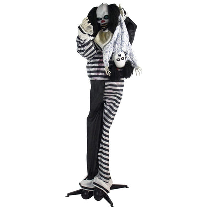 Haunted Hill Farm Life-Size Animatronic Scary Talking Clown with Doll, Motion, Touch Activated Lights, and Sounds, Indoor or Covered Outdoor Halloween Decorations, Battery Operated Halloween Props