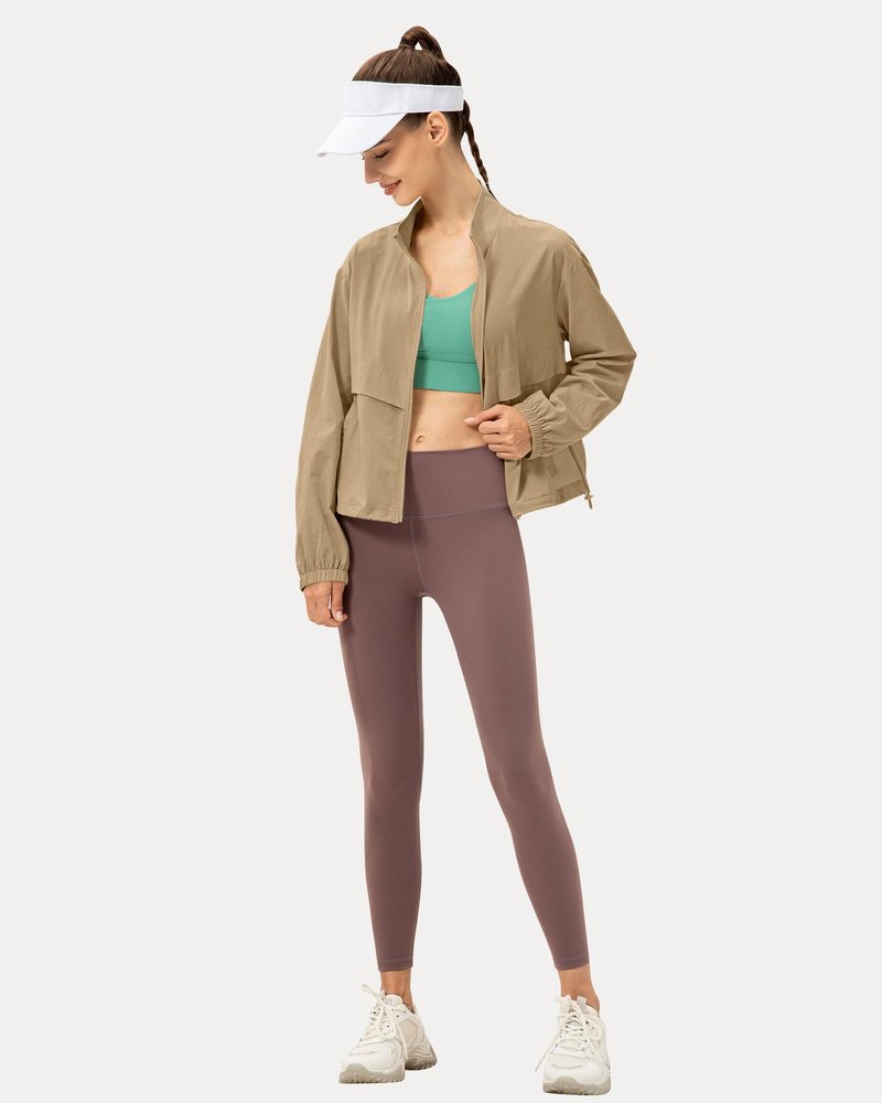 Locachy Women's Lightweight Zip Up Athletic Jacket Stand Collar Windproof Sun Protection Workout Outdoor Jacket Khaki L