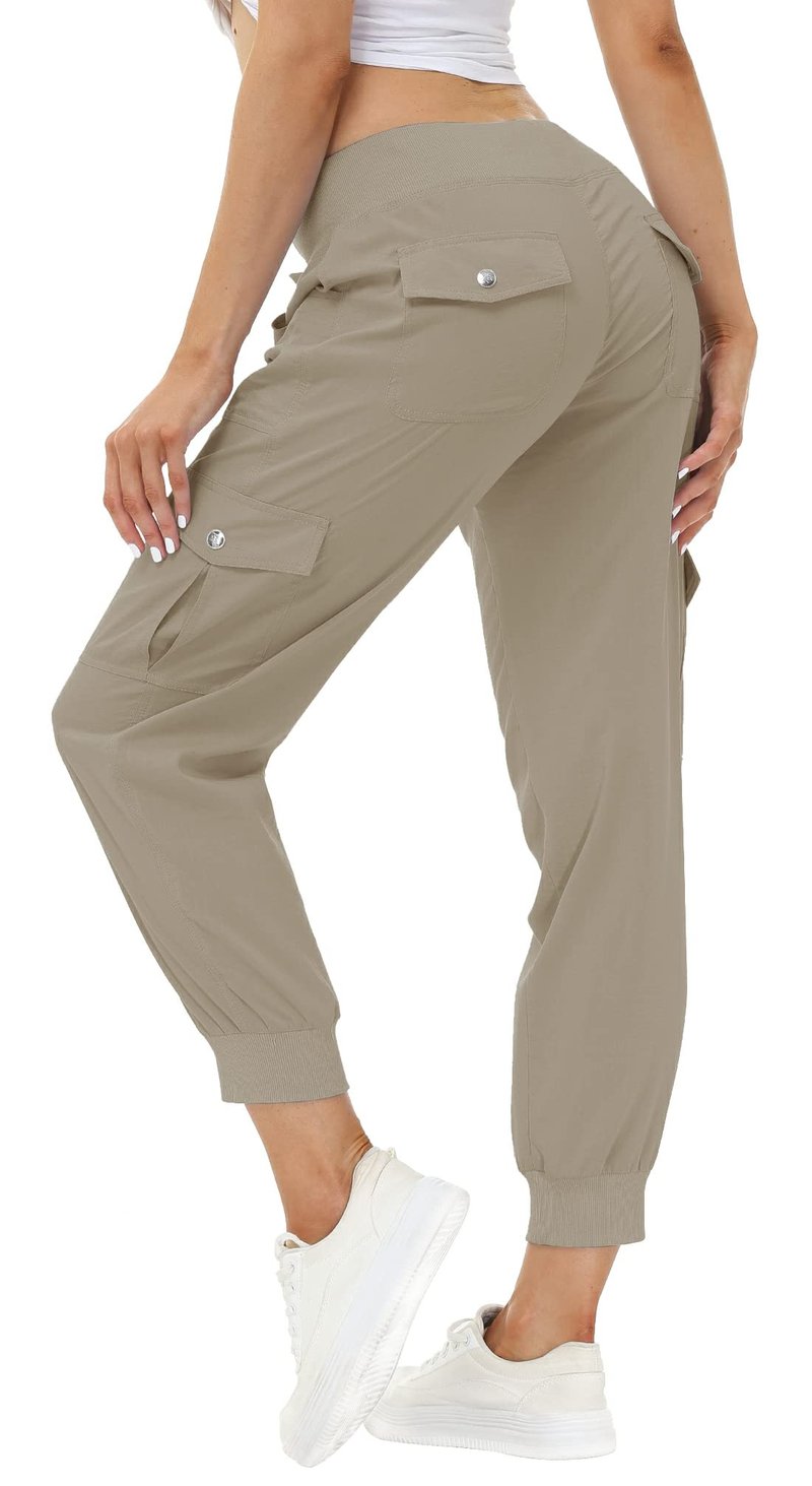 MoFiz Women's Cargo Pants Hiking Joggers Summer Lightweight Quick Dry Athletic Outdoor Sports Sweatpants Travel Casual Button Pockets Khaki L