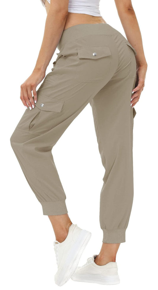 MoFiz Women's Cargo Pants Hiking Joggers Summer Lightweight Quick Dry Athletic Outdoor Sports Sweatpants Travel Casual Button Pockets Khaki L