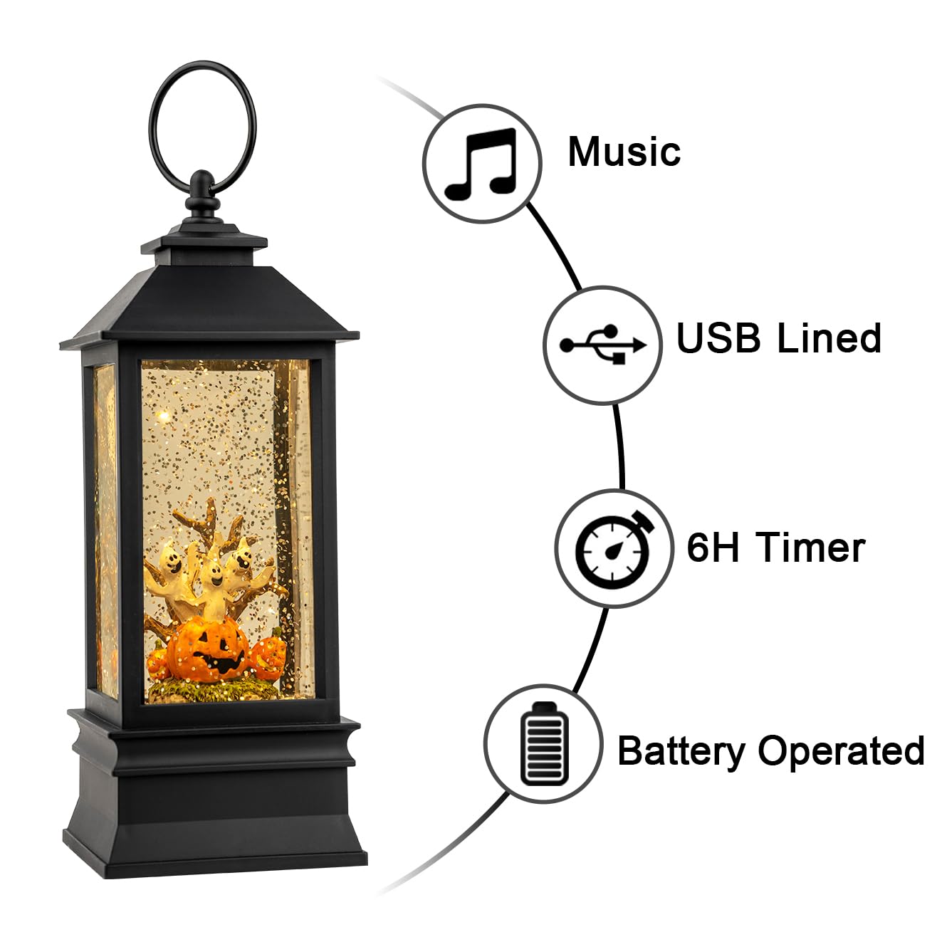 Halloween Snow Globe Lantern Water Glittering Spooky Ghosts in Pumpkins with Music, USB Lined/Battery Operated Lighted Lantern for Halloween Festival Decoration Gifts