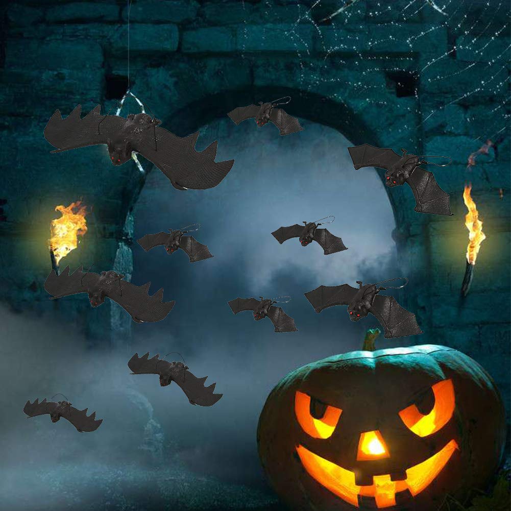 BigOtters 12pcs Halloween Hanging Fake Bats, Halloween Decorations Rubber Vampire Bats Wall Decor for Haunted House Party