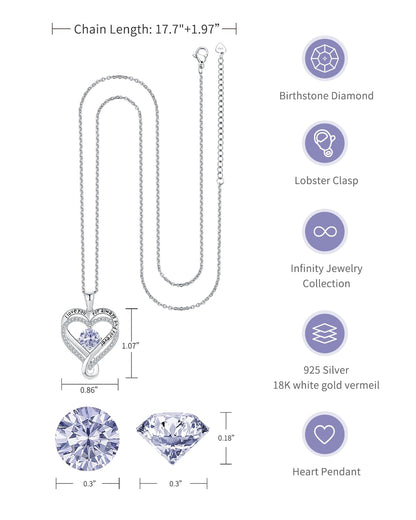 Jewelry for Women Wife Infinity Heart Birthstone I Love You Necklace S925 Anniversary Women Necklaces for Her Wife Birthday Gift Ideas, Birthday Present for Girlfriend Mom Daughter Sterling Silver
