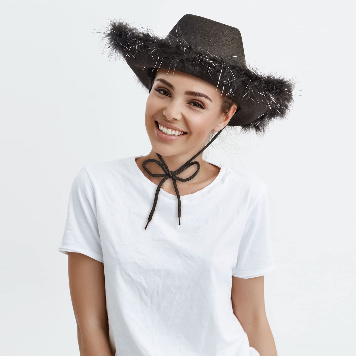 Juvolicious Black Cowgirl Hat - Medium Adjustable - Sparkly Feathered Costume Cowboy Hat for Women & Men - Western Party Accessory