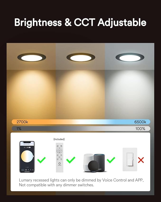 Lumary Black Smart WiFi Recessed Lights 6 Inch, Color Changing LED Recessed Lights with J-Box 13W 1000LM, Dimmable Canless Wafer Downlight, Compatible with Alexa/Google Assistant, ETL Listed, 4 Pack