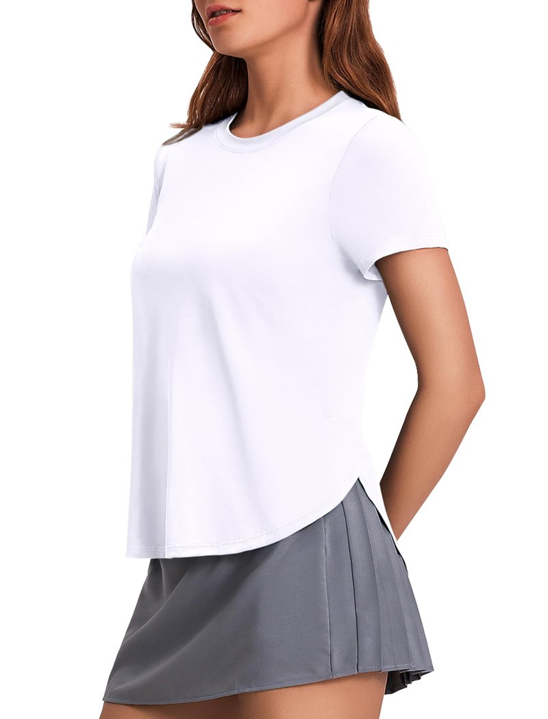 PINSPARK Womens Short Sleeve Workout Tops Sun Protection Running Shirt Side Split Athletic Tops Loose Workout Tshirts White L