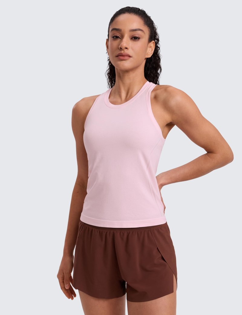 CRZ YOGA Seamless Workout Tank Tops for Women - Athletic Running Gym Sleeveless Shirts Crewneck Racerback Breathable Strawberry Pink X-Large