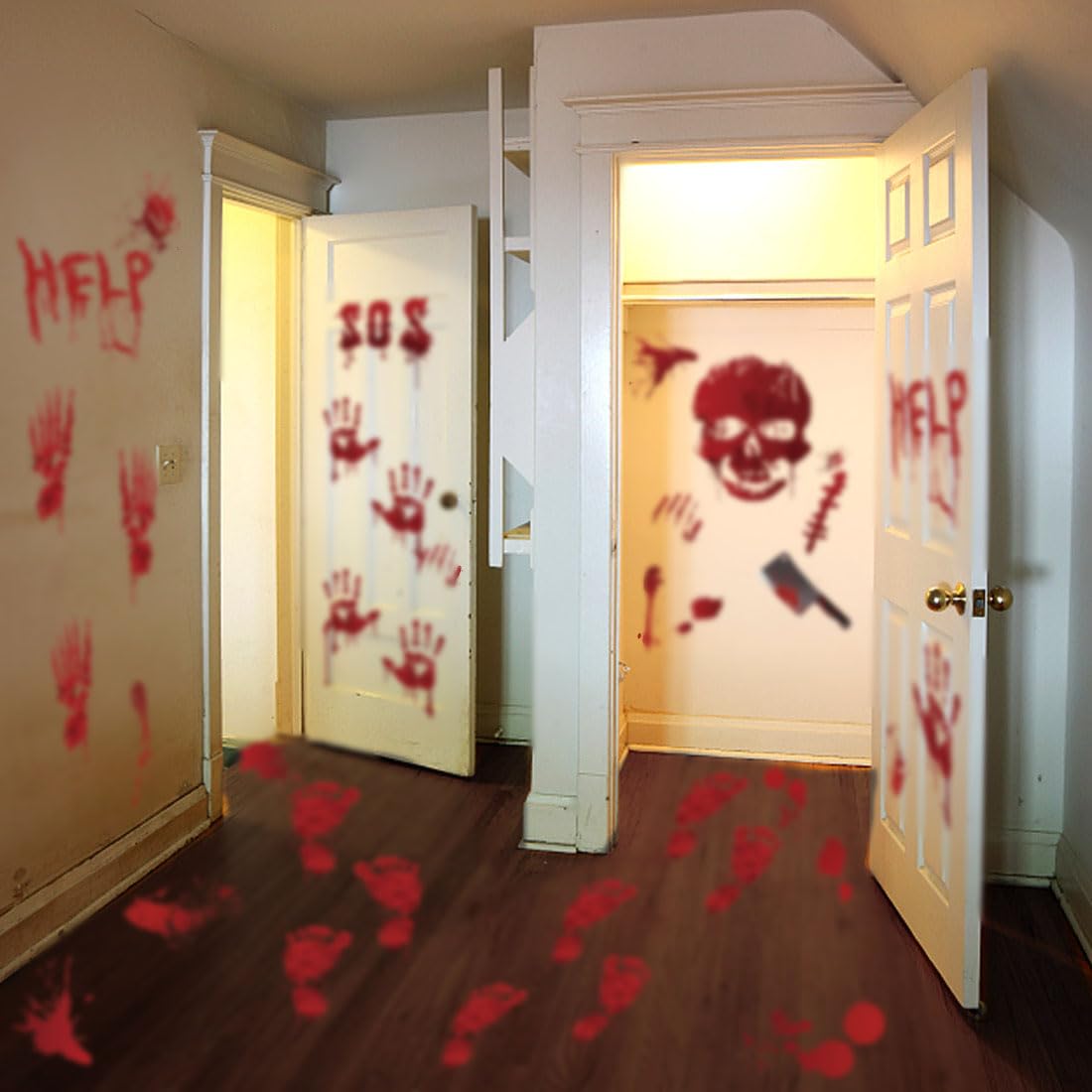 Tuzuaol 119 PCS Bloody Halloween Decorations Halloween Bloody Handprint Footprints Knife Stickers Window Wall Floor Clings Decals Horror Bathroom Zombie Party Decorations Supplies