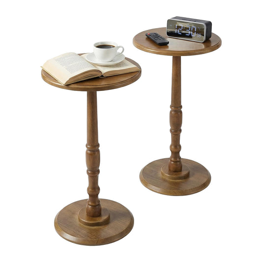 Small Side Table Living Room, Brown Round Corner Table for Small Spaces Set of 2, Coffee Table with Solid Wood Pedestal Accent for Living Room, Corners, Bedroom, Bean Bag, Sofa Couch