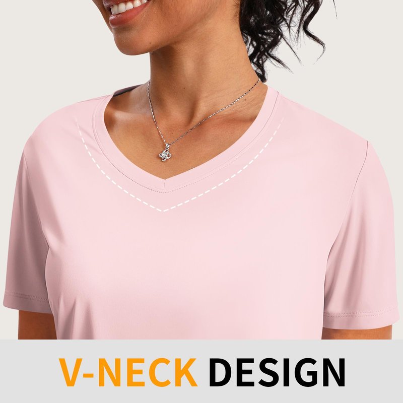 CHALLMOTI Women's Short Sleeve Workout Tops Athletic Shirts V Neck Sun Shirts UPF 50+ Quick Dry Quick Dry Pink L