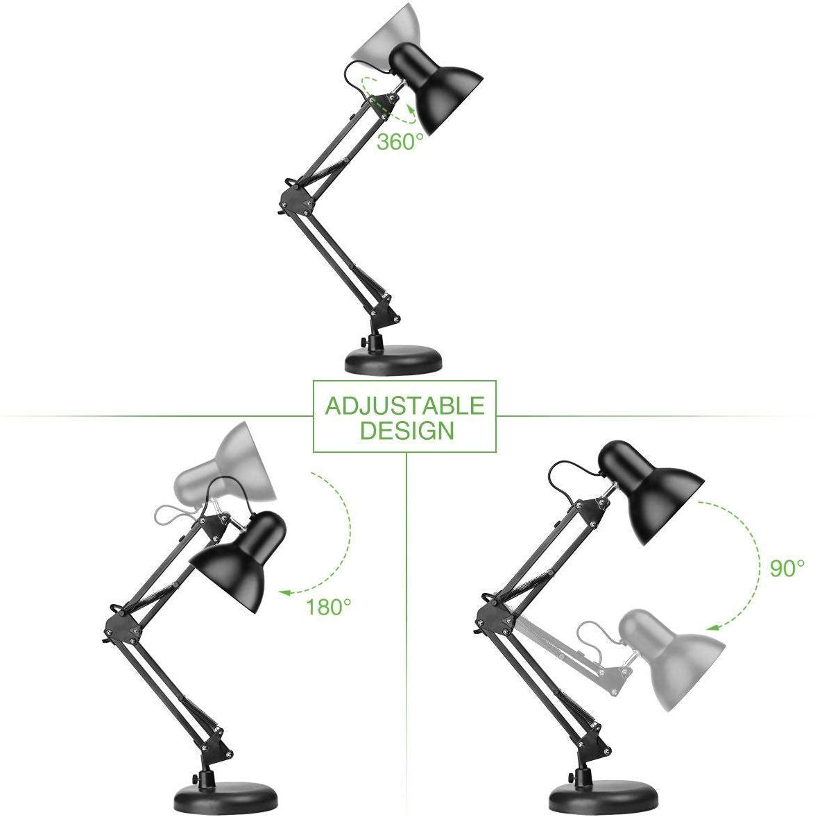 Lepro Desk Lamp, E27 Swing Arm Desk Lamp with Clamp, Classic Black Table Lamp, E27 Bulb Holder, Flexible Black Desk Light for Study Desk, Office, Bedroom, Reading, Nails, Back to School and More