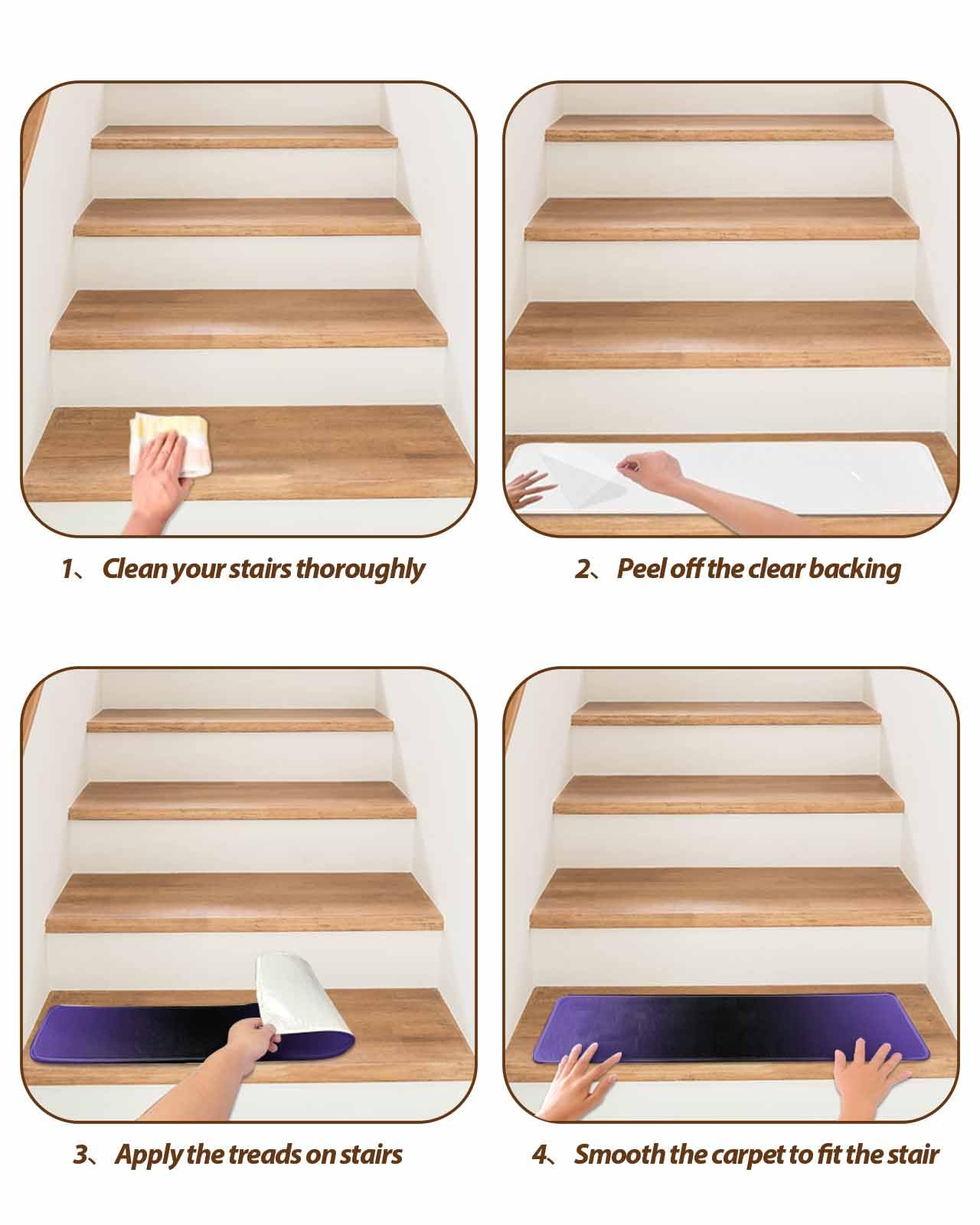 Purple Black Stair Treads for Wooden Steps Indoor, Non-Slip Stair Treads Carpet Peel & Stick Self-Adhesive Staircase Step Treads Runner Mat 15 Pack 8x30 Minimalist Abstract Contemporary Geometric