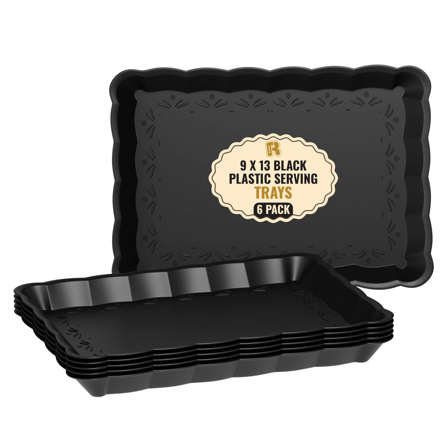 6 Pack Black Plastic Serving Trays - 9 x 13 Party Serving Trays and Platters - Black Serving Tray - Serving Platter Tray for Party