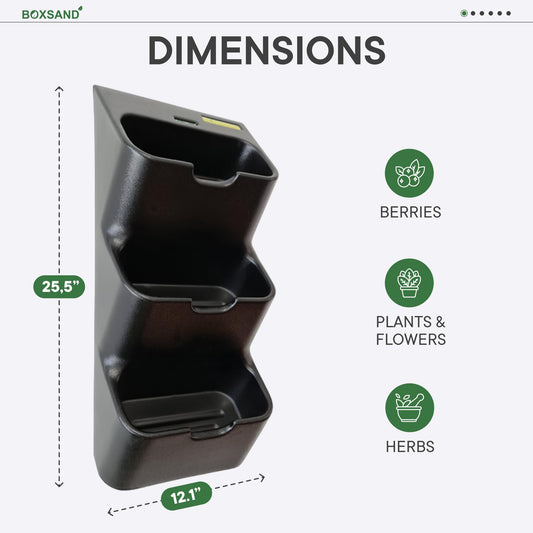 BOXSAND-6 Vertical Wall Planter (12"x26", Black with Square Pots) – Living Wall for 6 Plants, Indoor/Outdoor Vertical Garden System, Easy 2-Screw Install