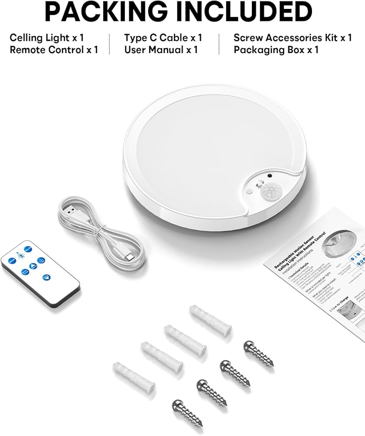 Rechargeable Motion Sensor Ceiling Light - Battery Operated Wireless LED Ceiling Shower Lights Indoor Night Lighting for Bathroom, Laundry Room, Hallway, Closets
