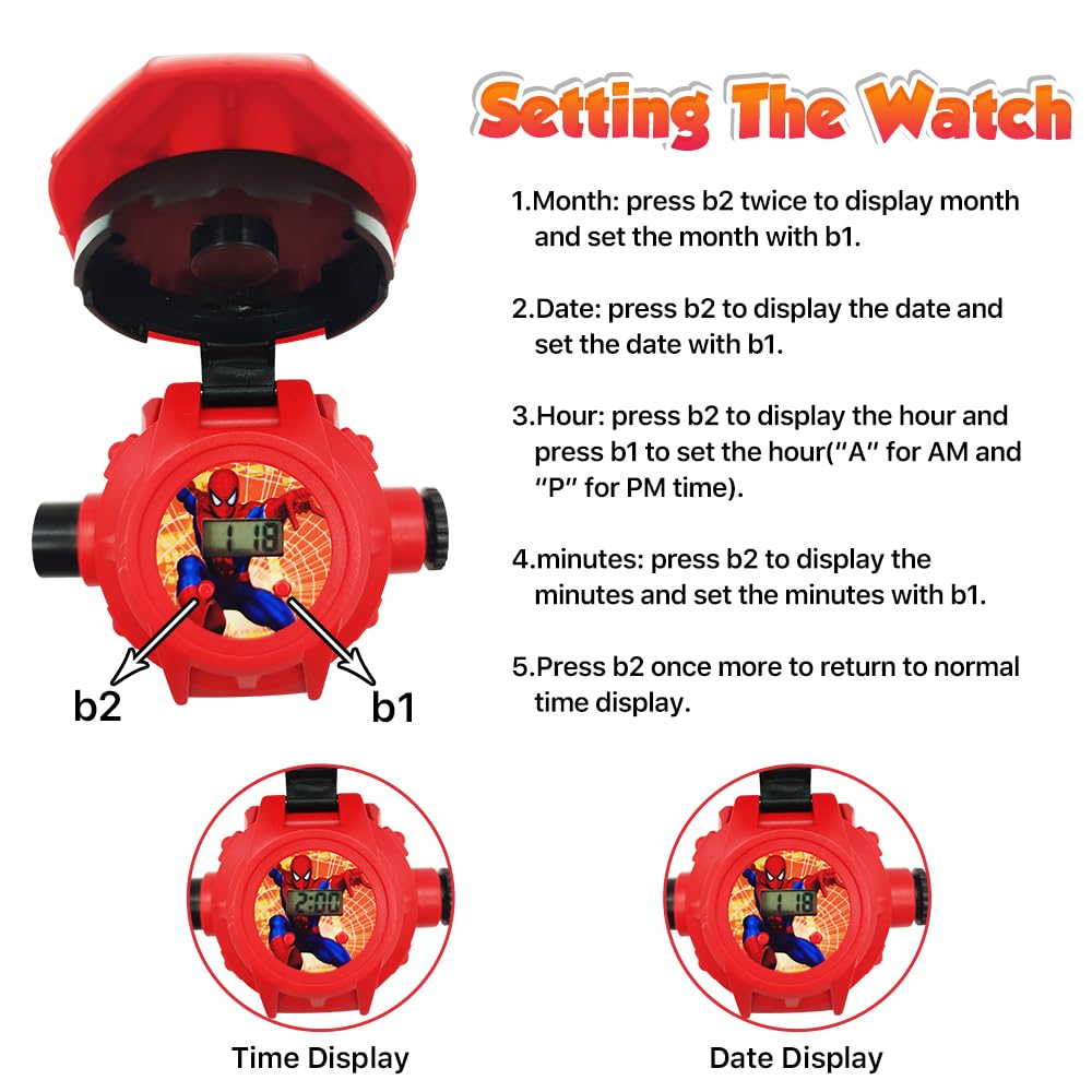 FILDANCO Superhero Projector Watch Kids Digital Watch Toy Toddler Watch with 24 Anime Images Stocking Stuffer Gift for Birthday Halloween Christmas Anniversaries (Red)