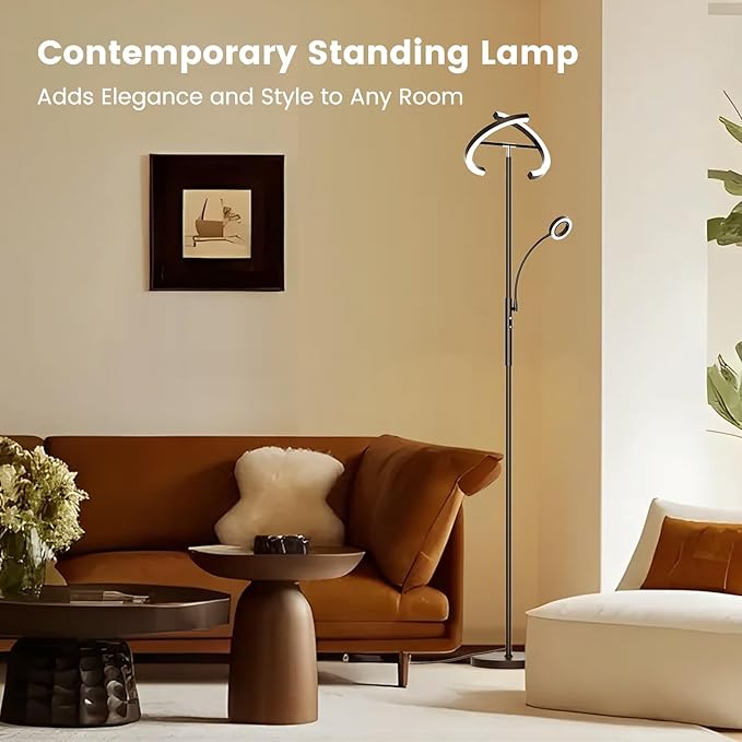 LED Floor Lamp for Living Room - Modern Standing Lamp with Reading Light, Remote Touch Control Floor Light Dimmable Mother-Daughter Tall Bedroom Lamp for Couch Office, 29W, Black