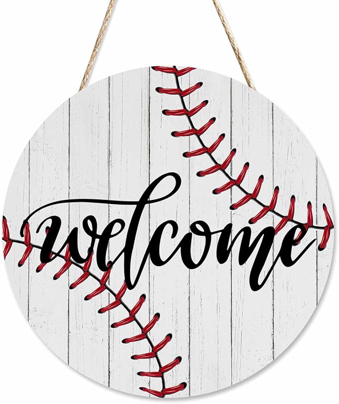 Welcome Sign for Front Door Welcome Baseball Door Sign 12In Wooden Wreath Wall Hanging Sign for Indoor Outdoor Seasonal Decor