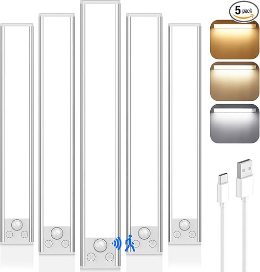 VerRon 14in Under Cabinet Lighting, 3200mAh Rechargeable Battery Powered Closet Lights with 3 Color Tempers 108 LED, Wireless Motion Sensor Light Indoor, Dimmable Lights for Kitchen, Stair, 5-Pack